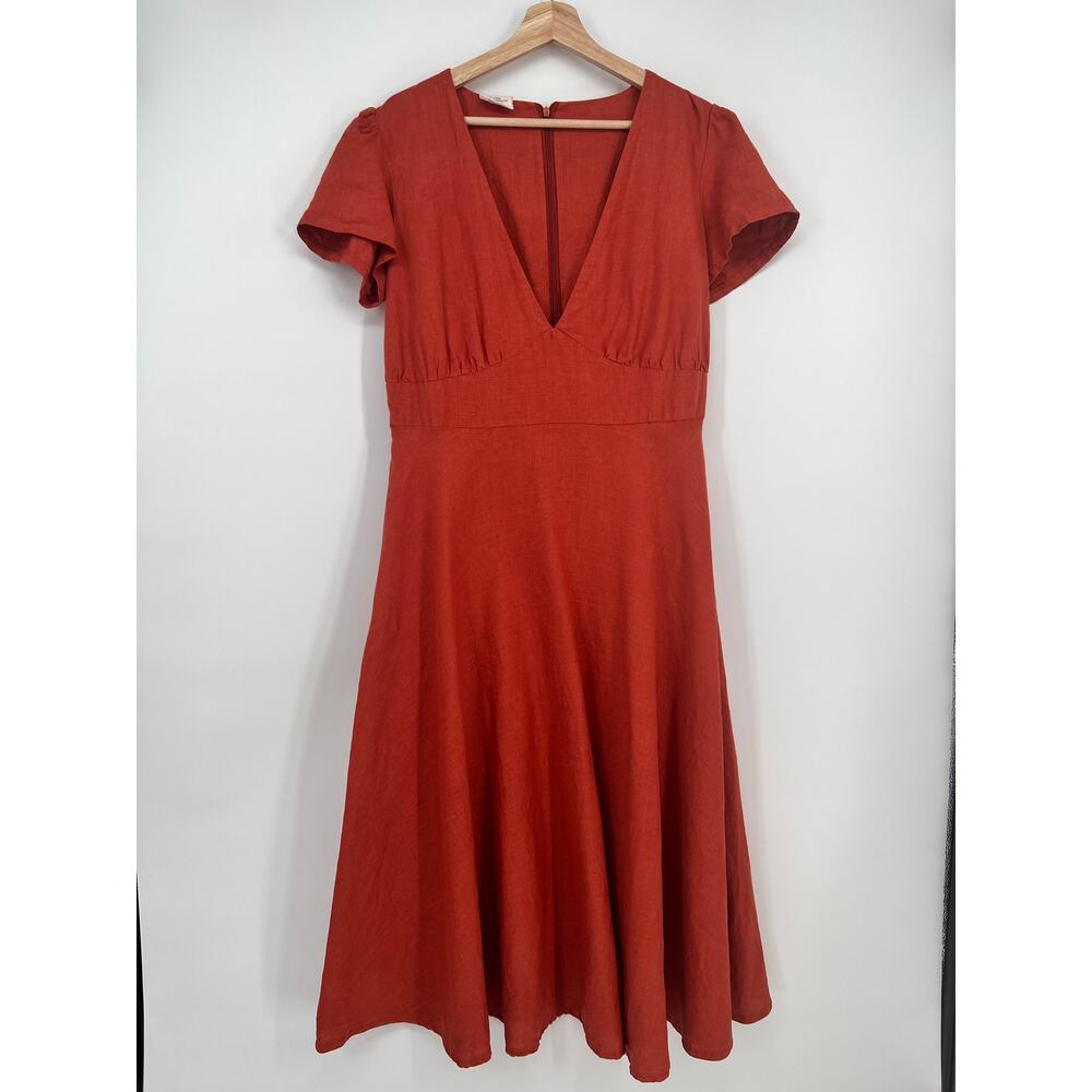Linen Handmade Studio A Line Sicily Dress Womens 16 Red Clay V Neck Midi READ